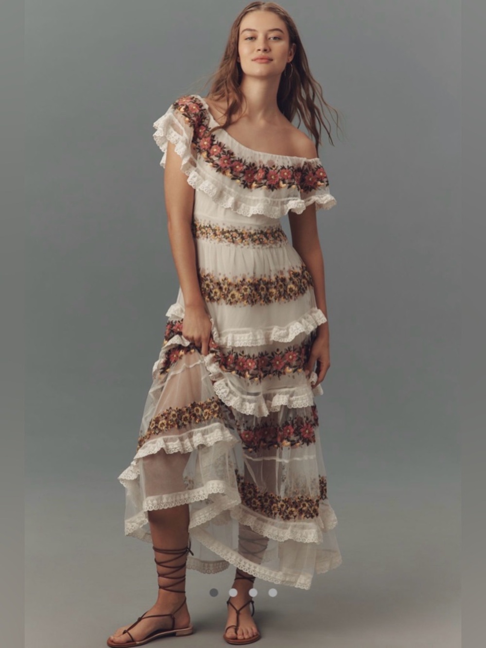 ANTHROPOLOGIE
Ruffle-Sleeve V-Neck Embroidered Tulle Tiered Maxi Dress Size 6